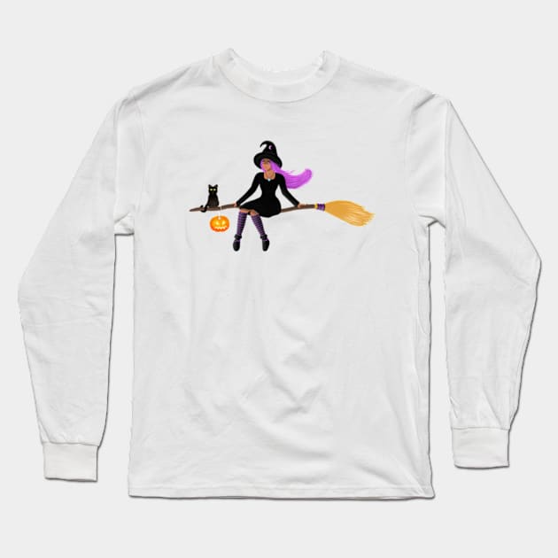 Witch on a broom Long Sleeve T-Shirt by Raghni.C 